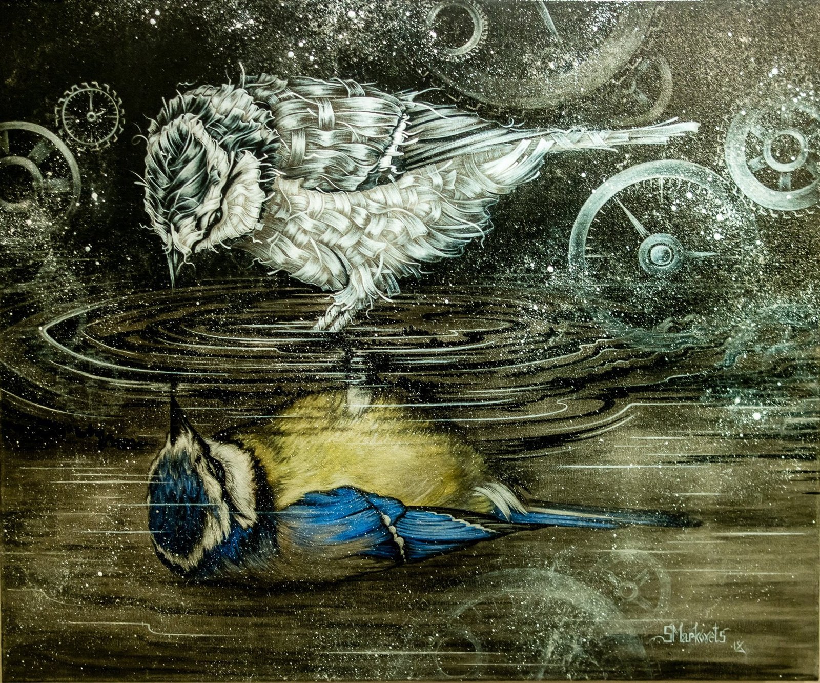 Through the Looking-Glass 24" Original Modern art by S. Lee Mark Ukrainian art Bird chickadee embroidered